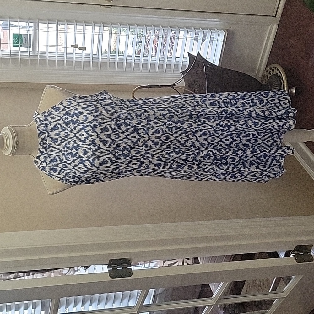 Noracora blue white print sleeveless dress A line fitted neckline Large NEW